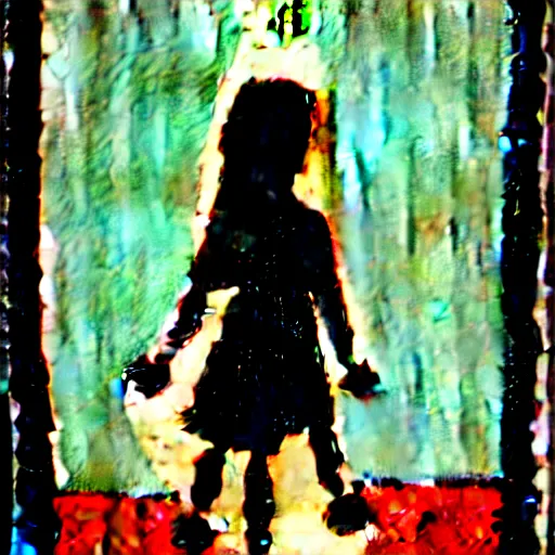 Image similar to a girl, north western indigenous art styles of belerose, desjarlais, robbie craig. girl running through a forest of totem poles, gray black white and red noir,