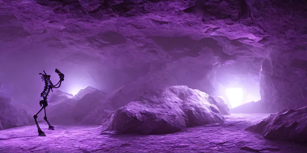 Prompt: full shot portrait of tiny dinosaur skeleton in glowing crystal cave, detailed, unreal engine 4k volumetric light, fog, purple color palette