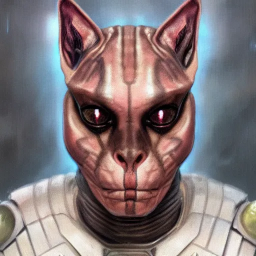 Image similar to the doomslayer as anthropomorphic sphynx cat a realistic scifi cyberpunk, visible face closeup portrait art by donato giancola and greg rutkowski, vintage retro scifi, realistic face, digital art, trending on artstation, symmetry