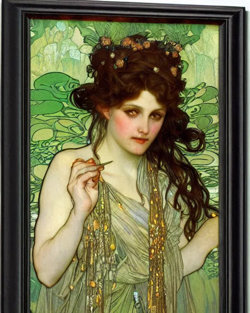 Image similar to an elf princess by Alphonse Mucha, Gustav Klimt and edgar maxence