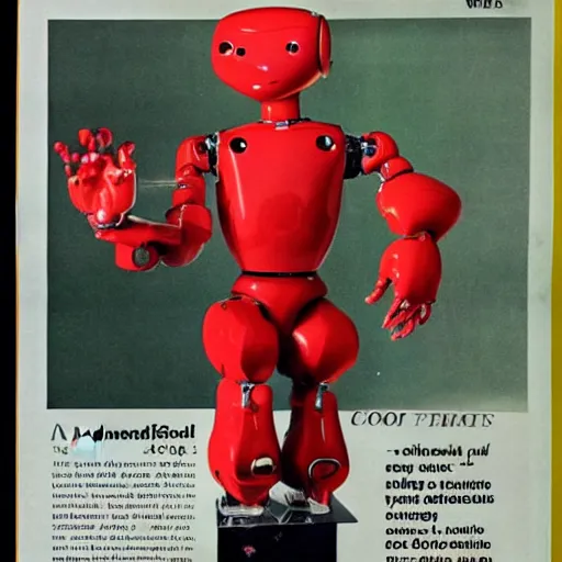 Prompt: a magazine ad for an advanced humanoid robot from 1965