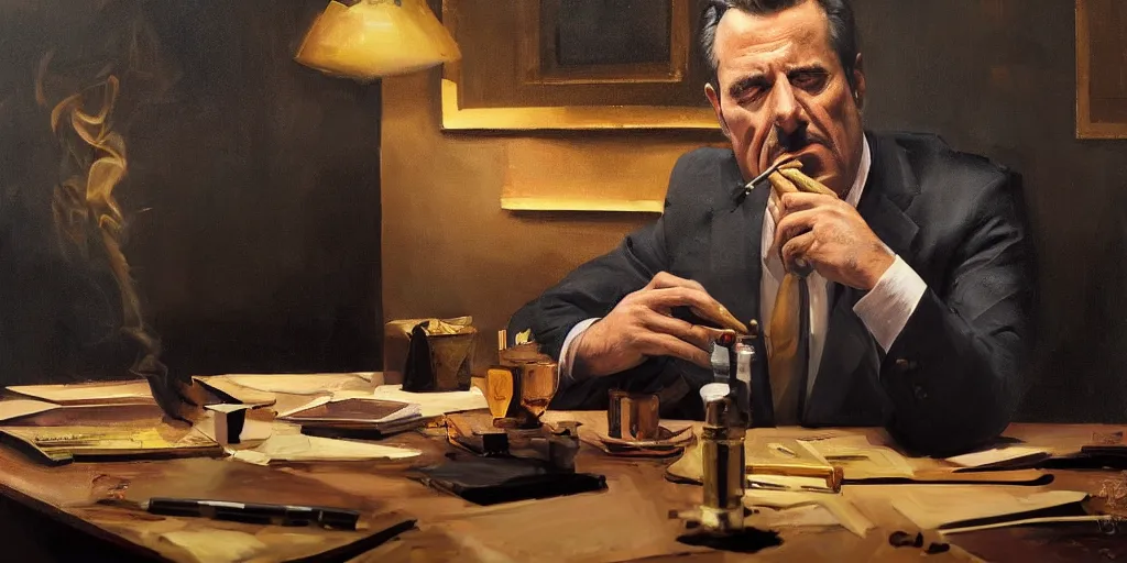 Image similar to abstract oil matte portrait painting, mafia boss smoking a cigar at his 5 0 s new york office desk, wonderful masterpiece highly detailed, beautiful cinematic light deep focus, elegant, digital painting, smooth, sharp focus, golden ratio, dramatic illumination, ultra realistic, 8 k, art by jimmy law