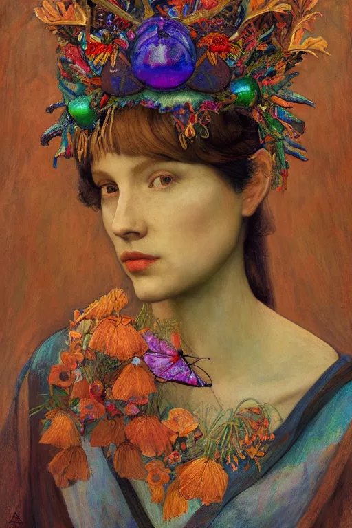 Image similar to queen of summer, by Annie Swynnerton, and Nicholas Roerich and Tino Rodriguez and Diego Rivera , elaborate headdress and embroidered velvet, iridescent beetles, rich color, dramatic cinematic lighting, extremely detailed, featured on artstation