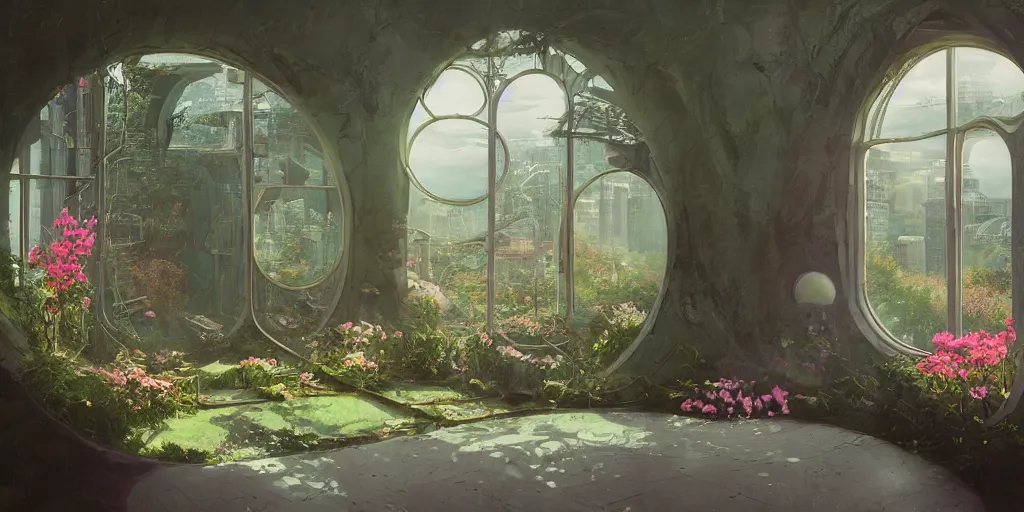 Prompt: 90s interior with circular windows, natural starlight, bright colors, romantic greenery, flowers, cinematic, cyberpunk, smooth, chrome, lofi, nebula, calming, dramatic, fantasy, by Moebius, by zdzisław beksiński, fantasy LUT, studio ghibli, high contrast, epic composition, sci-fi, dreamlike, surreal, angelic, 8k, unreal engine, hyper realistic, fantasy concept art,