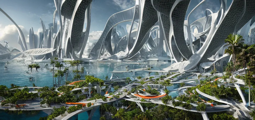 Prompt: highly detailed futuristic architecture by santiago calatrava, stylized vegetation, ground - level view, puddles of turquoise water, foggy atmosphere, stunning sunny lighting, sunrise, vivid colors, trending on artstation, 8 k, matte painting, ray tracing, hyper detailed, unreal engine 5, cinematic, epic lighting, cryengine, octane render, red and orange glow, vibrant