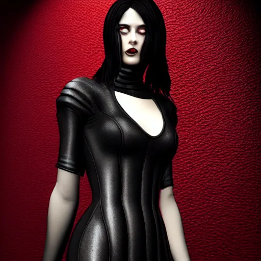 Image similar to comforting portrait of a pale goth woman with elegant multilayered red-black-silver leather high-neck striped dress, curvy thin waist, photorealistic, sublime, 16k, smooth, sharp focus, cgsociety, trending on ArtStation, volumetric lighting