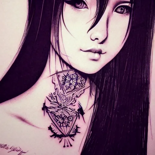 Image similar to tattoo design, stencil, beautiful young female, long dark hair, symmetrical facial features, Japanese, partially clothed in robe, by William-Adolphe Bouguerea and artgerm