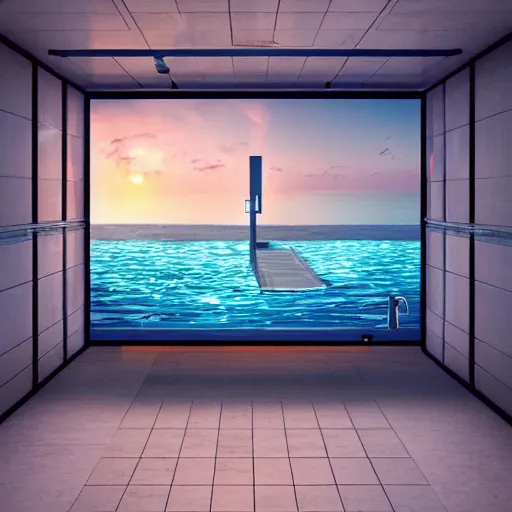 Image similar to a public bathroom stall floating in the middle of the ocean, sunset, beautiful, ultra realistic digital art, 4k, cgsociety, HDR, Intricate