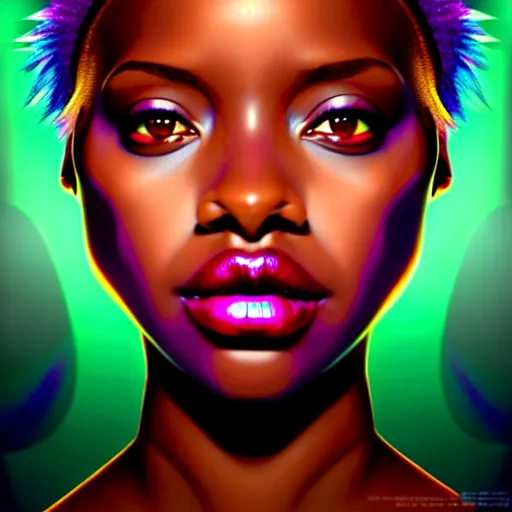 Prompt: centered girlboss portrait of african goddess of nature, symmetrical face, chiaroscuro, iridescent feathers 3 d subsurface scattering, character concept art, by artgerm