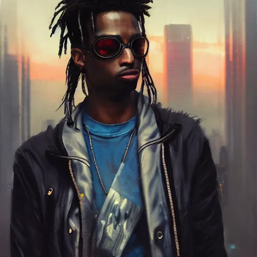 Prompt: cyberpunk, closeup portrait of a playboi carti, dramatic light, city background, sunset, dystopian setting, high contrast, sharp, neuromancer, henry dorsett case, painted by stanley lau, painted by greg rutkowski, painted by stanley artgerm, digital art, trending on artstation