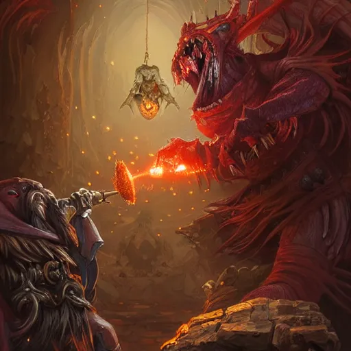 Image similar to a beholder creature fighting versus a beared red dressed wizard, deep focus, d & d, fantasy, intricate, elegant, highly detailed, digital painting, dungeon, conept art, matte, sharp focus, illustration, hearthstone, art by artgerm and greg rutkowski and alphonse mucha