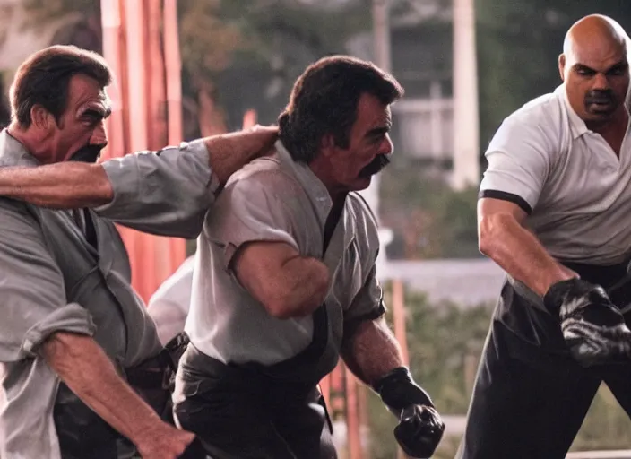 Image similar to film still of Tom Selleck and Charles Barkley fighting Ninjas in the new Bloodsport movie, 8k