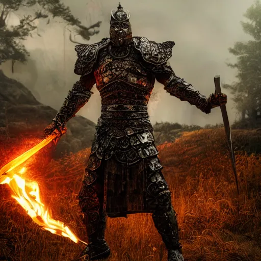 Image similar to full-body-portrait photo brutal nordic Warrior, wearing intricate steel armor, holding magical fiery battle-axe, sharp focus, highland landscape with few trees background, magical aura, heroic pose, fantasy style, octane render, volumetric lighting, 8k high definition, highly detailed, trending on ArtStation, centered