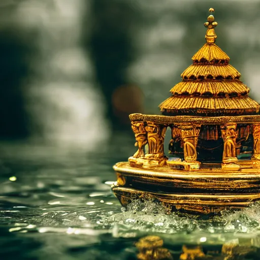 Image similar to macro photo of a temple inside a water sphere, depth of field, highly detailed photo