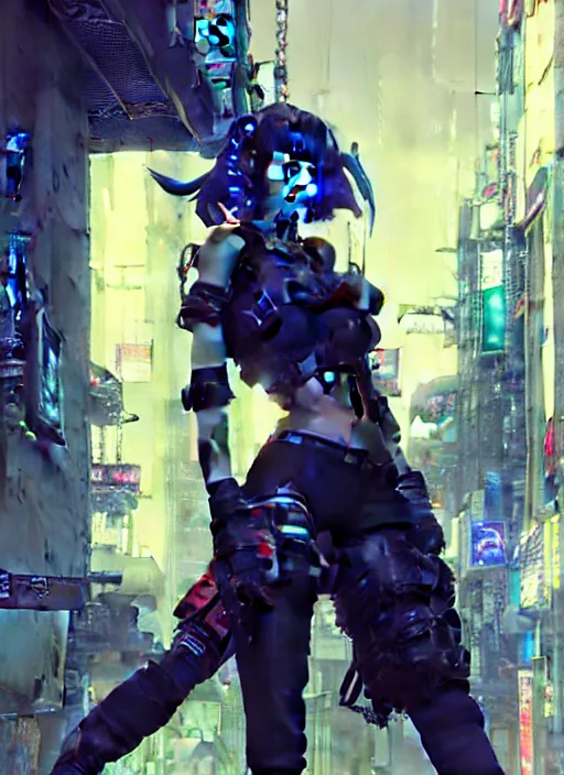 Image similar to hyper - realistic cyberpunk portrait of beautiful! anime woman standing on tokyo street, extreme detail, alluring, in style of yoji shinkawa, pan ren wei, col price, atey ghailan, by greg rutkowski, by greg tocchini, by james gilleard, by joe fenton, by kaethe butcher, grunge aesthetic