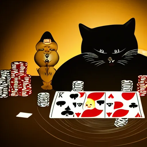 Image similar to fat mobster cats gambling at a table with a single light overhead, dark room, smoke fills the room, korean art style