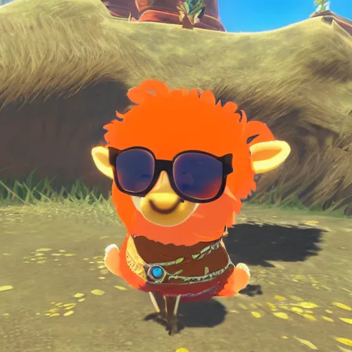 Prompt: bip bippadotta in breath of the wild, orange fuzzy muppet, screenshot, wearing sunglasses