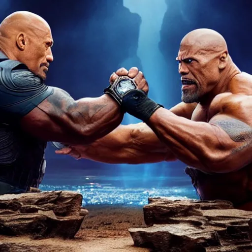 Image similar to Dwayne Johnson and Thanos in an arm wrestling match, Realistic, Hyperrealistic, 4k Resolution, 8k Resolution, Detailed, Very Detailed, Highly Detailed, Dramatic Lighting, Studio Quality Lighting, Dramatic Angle