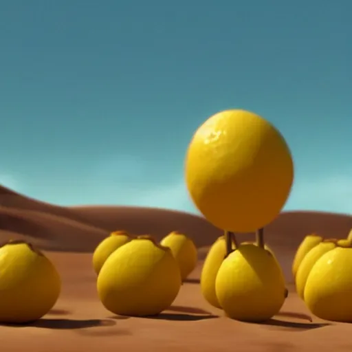 Image similar to a cinematic film still from a 2010 Pixar movie about anthropomorphic lemons, in the style of Pixar, shallow depth of focus