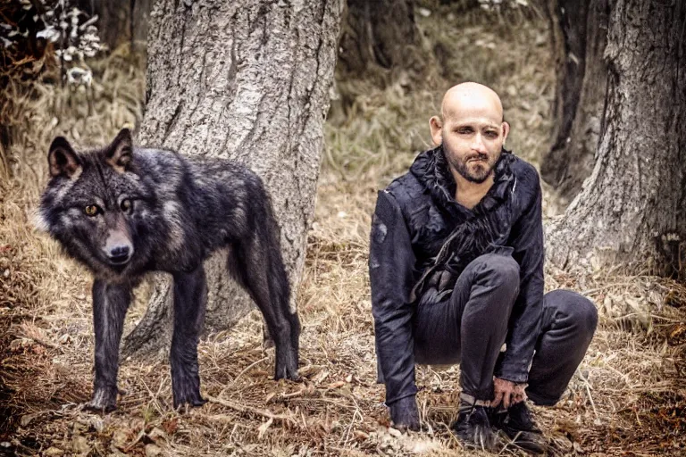 Image similar to ! human wolf crow werecreature, photograph captured at woodland creek