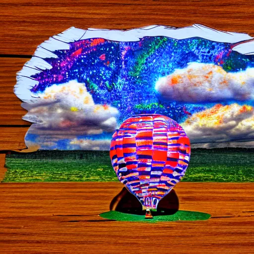 Image similar to landscape, ufo, clouds, Pencil Art, Colored Pencil, Impressionist Mosaic, Wall Decal, Signage, Wood-Carving, Balloon Modelling, Closeup, Field of View, Short Exposure, Long Exposure, 3D