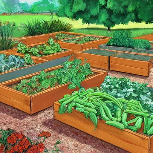 Prompt: raised garden beds full of tomotoes and string beans, concept art, illustrated, highly detailed, high quality, bright colors, optimistic,