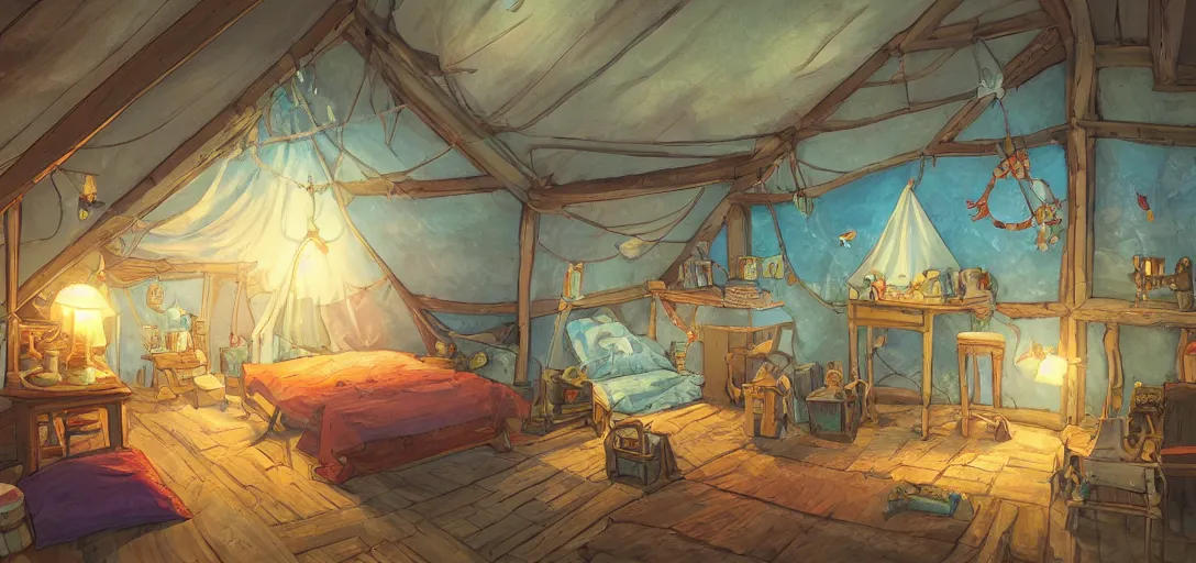 Prompt: cozy attic packed with antiques and furniture, a tent made of bedsheet lit by colorful lightbulps, intricate Details, illustration , in the style of Studio ghibli, breath of the wild, myazaki, anime, clean render, denoise, rule of thirds