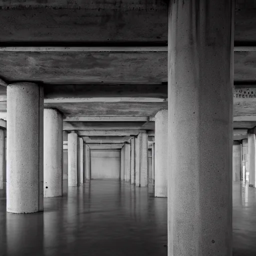 Image similar to a flate endless plane of concrete covered in concrete pillars, open sky