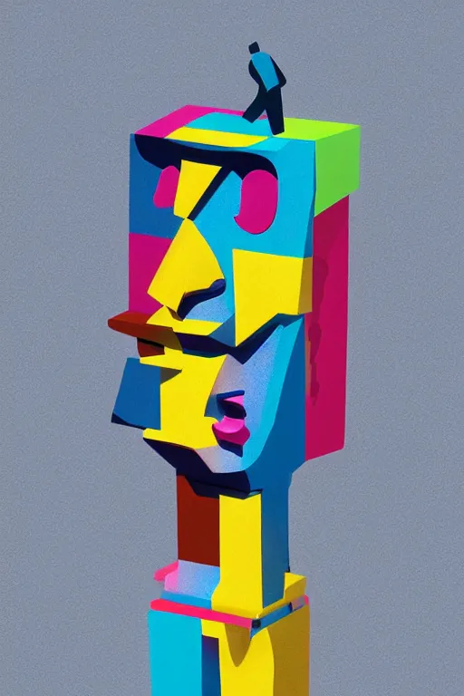 Image similar to cubist moai statue cutout digital illustration cartoon colorful beeple