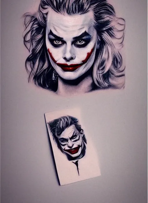 Image similar to tattoo design of beautiful margot robbie with slight joker makeup, holding an ace card, slight smile, in the style of den yakovlev, realistic face, black and white, realism tattoo, hyper realistic, highly detailed