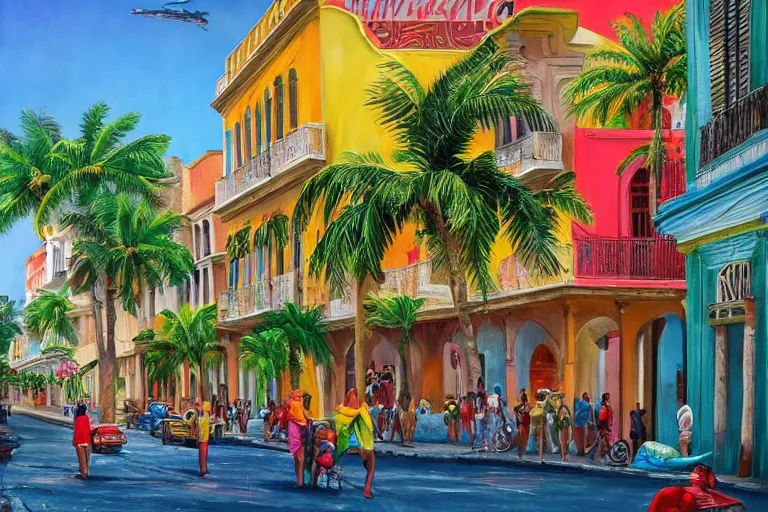 Prompt: Cuban landscape, very colorful, some happy people on the street, 50s classic cars, matte painting, trending on artstation, hyper detailed, at day, at night