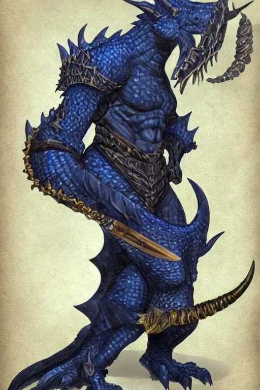 Prompt: a D&D character of a dark blue dragonborn with large tusks, blue flame burning half his face, he wears a black dragon scales armor, D&D concept art