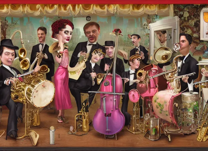 Image similar to the ice cream jazz band, lowbrow, matte painting, 3 - d highly detailed, in the style of mark ryden,