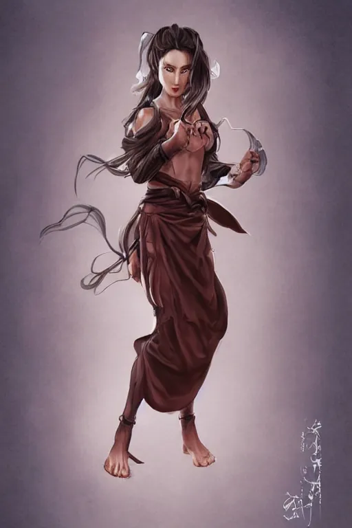Image similar to a full body portrait of an attractive female monk, D&D, fighting stance, clenched fists, stylish dress, very long flowing dark hair, beautiful bone structure, intricate, elegant, stylish, cute slightly nerdy smile, fantasy, highly detailed, digital painting, artstation, concept art, smooth, sharp focus, illustration, art by artgerm and greg rutkowski and alphonse mucha