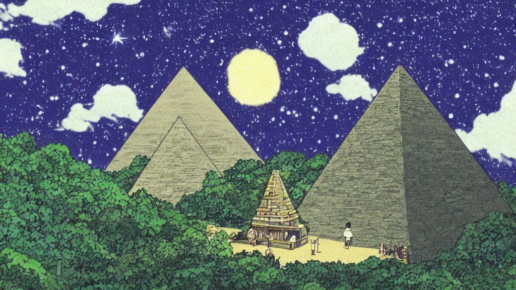 Prompt: a movie still from a studio ghibli film showing a pyramid as a mine runoff storage facility in the rainforest on a misty and starry night. by studio ghibli