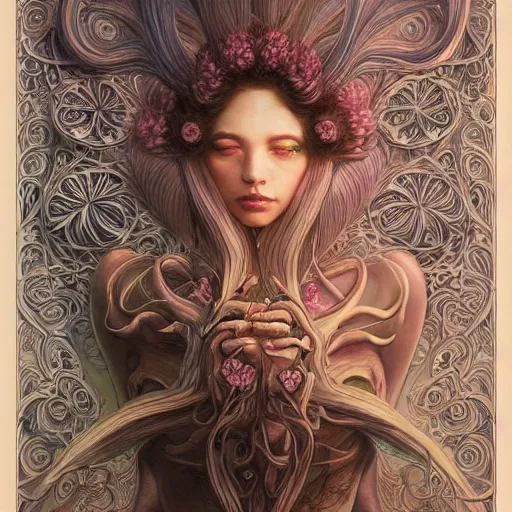 Image similar to a beautiful detailed front view portrait of a woman with ornate growing around morphing, ornamentation, flowers, elegant, beautifully lit, by wayne barlowe, peter mohrbacher, kelly mckernan,