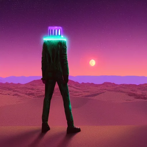 Image similar to realistic man standing in high desert, cyberpunk, digital art, trending on artstation, neon, desert, stars, vaporwave, retrowave, synthpop, 1 9 8 0 s, colorful, glowing, purple