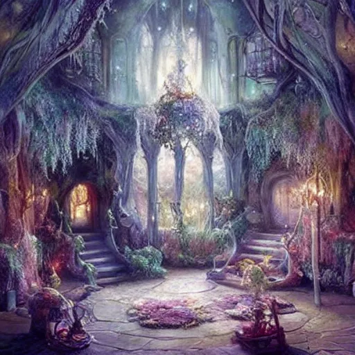 Image similar to a beautiful interior of a fairy castle's hall,, fully decorated, furnished with fairy furniture, fairy aesthetics, fairy lights, fairycore!!! magical realism, fantasy nvironment art by scot howden, greg rutkowski, and elena dudina. high details, magical and in soft colour palette, dreamy