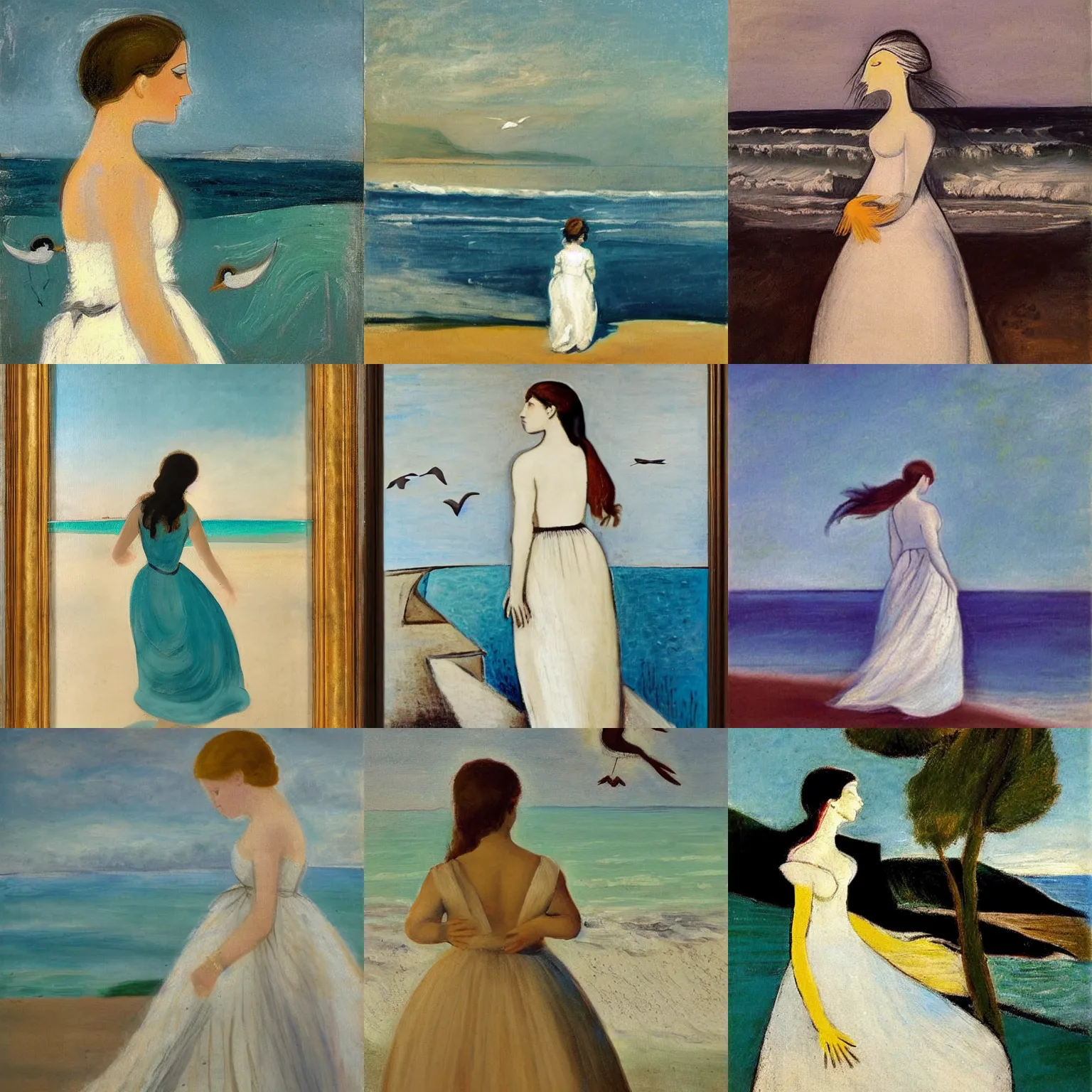 Prompt: A girl in deep thought strolling on the beach in a white gown, birds flying in the distance, a painting by Pable Picasso