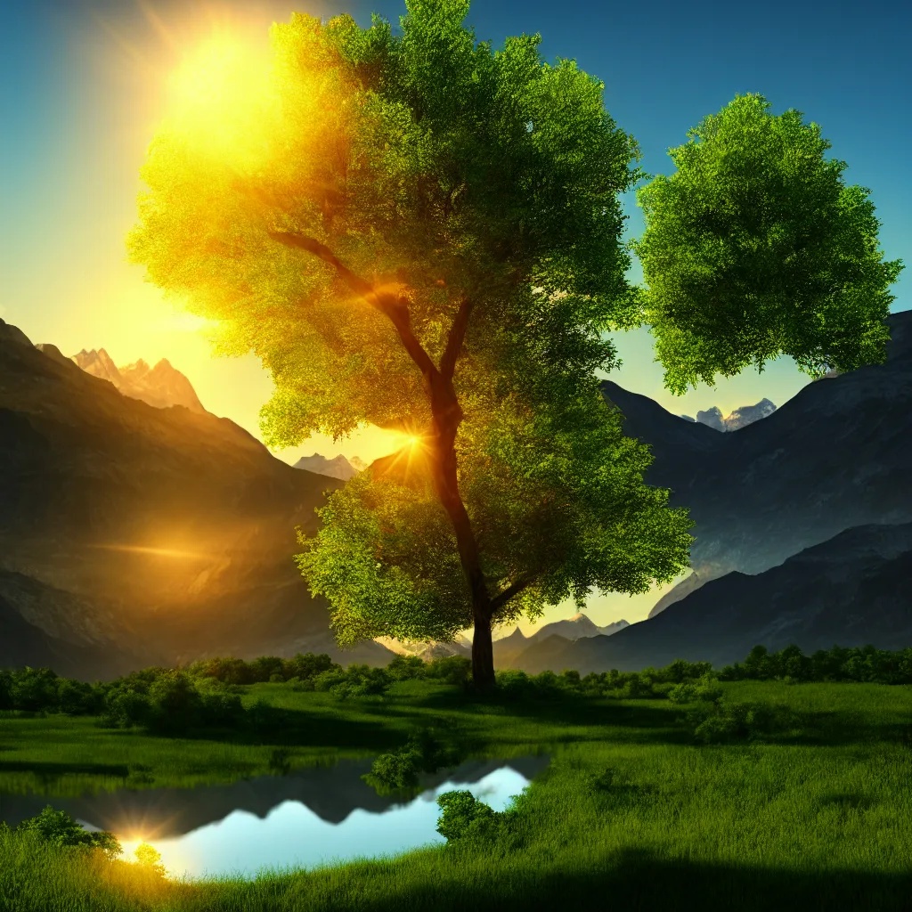 Image similar to big realistic tree near to a river on sunset with reflection on the leaves and mountains in the background, landscape, extremely high fidelity, 8 k, super resolution, cinematic view, super resolution, light rays, lens flare, epic, hyperdetailed