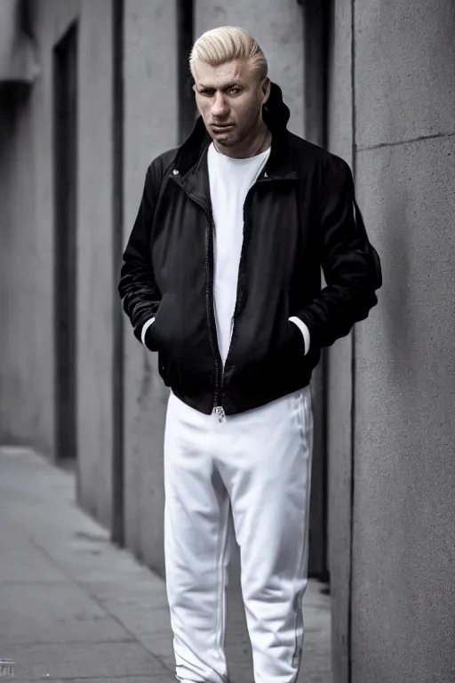 Prompt: extreme long shot. 35 years old blonde russian man in white adidas pants. black letaher jacket. white sneakers. hangover face. staying on the street. 4k, 8k, hyprerealistic, extreme high detail, trending on artstation, masterpiece