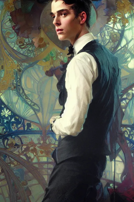 Prompt: an intricate artistic pose painting of a beautiful young victorian gentleman with an artistic pose wearing a beautiful victorian suit, hyper detailed, octane render, vivid colors, artstation, by jeremy mann, alphonse mucha, by boris vallejo