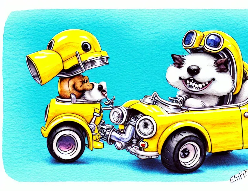 Image similar to cute and funny, puppy wearing a helmet riding in a tiny hot rod with an oversized engine, ratfink style by ed roth, centered award winning watercolor pen illustration, isometric illustration by chihiro iwasaki, edited by range murata, tiny details by artgerm and watercolor girl, symmetrically isometrically centered, sharply focused