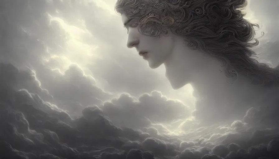 Prompt: face in the clouds, fantasy, dramatic, intricate, elegant, highly detailed, digital painting, artstation, concept art, smooth, sharp focus, illustration, art by gustave dore, octane render