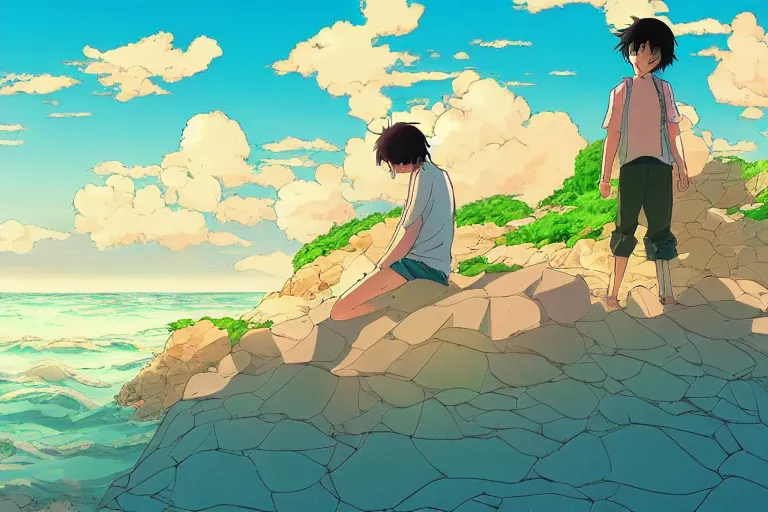 Image similar to cell shaded anime key visual of the beach episode in the style of studio ghibli, moebius, makoto shinkai, dramatic lighting