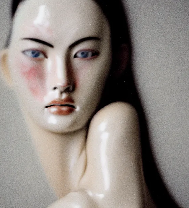 Image similar to photography facial portrait of real white ceramic japanese porcelain sculpture of a woman looking like megan fox delicate partially cracked broken, nacred white, natural background, natural pose, back lighting, translucent, thin porcelain, porcelain cracks and peeled painted, translucent, subscattering, highly detailed,, photography by paolo roversi, nick knight, helmut newton, avedon, araki