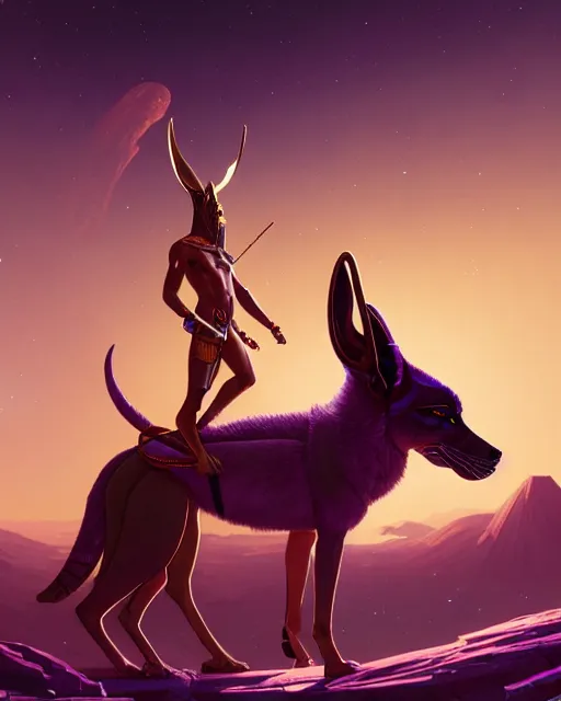 Image similar to highly detailed vfx portrait of egyptian god anubis with ankh staff floating in space purples, unreal engine, greg rutkowski, loish, rhads, beeple, makoto shinkai and lois van baarle, ilya kuvshinov, rossdraws, tom bagshaw, alphonse mucha, global illumination, detailed and intricate environment