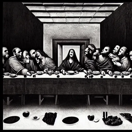 Image similar to Award Winning Editorial Masterpiece picture of a new York Soup Kitchen by David Bailey CBE, Composition The Last Supper daVinci