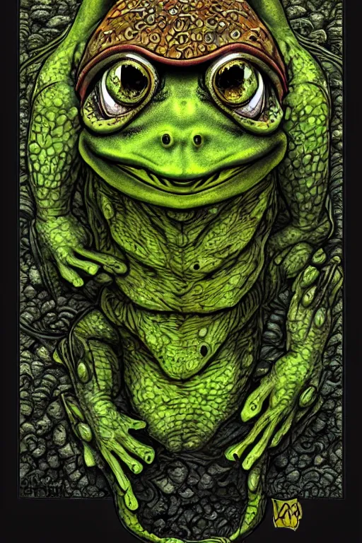 Prompt: humanoid toad warrior, frog themed, bog, symmetrical, highly detailed, digital art, sharp focus, trending on art station, kentaro miura manga art style