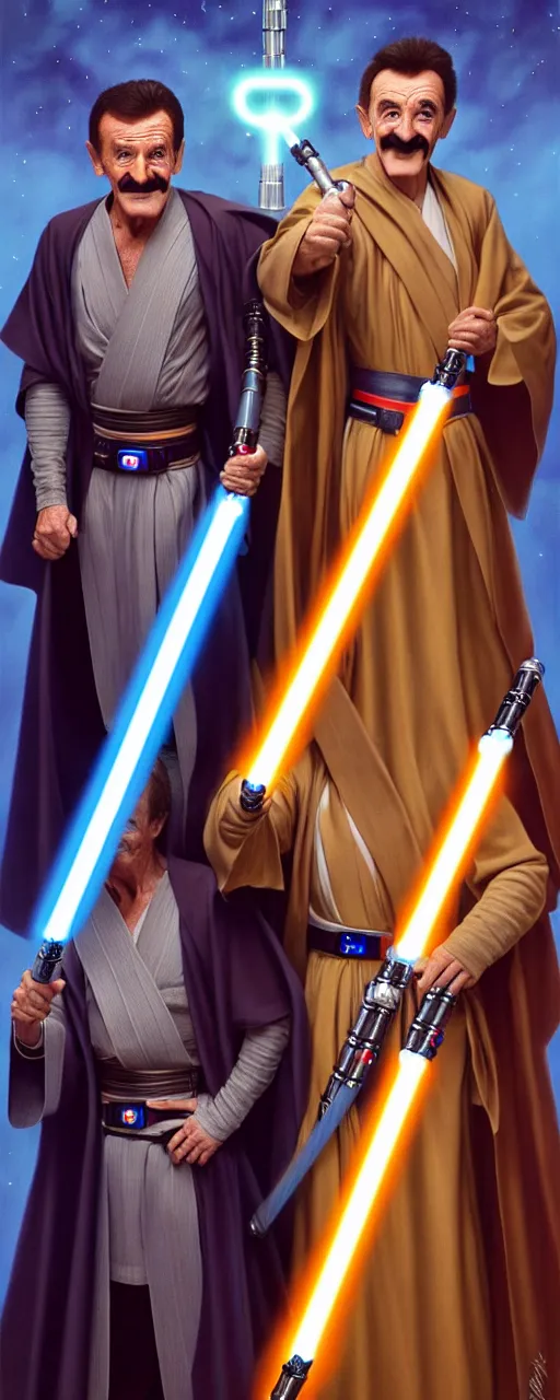 Image similar to full body photo of paul chuckle standing next to barry chuckle dressed as jedi knights holding lightsabers, intricate, elegant, highly detailed, cinestill, digital painting, artstation, led dramatic lighting, concept art, matte, sharp focus, illustration, art by da vinci, artgerm and greg rutkowski and alphonse mucha